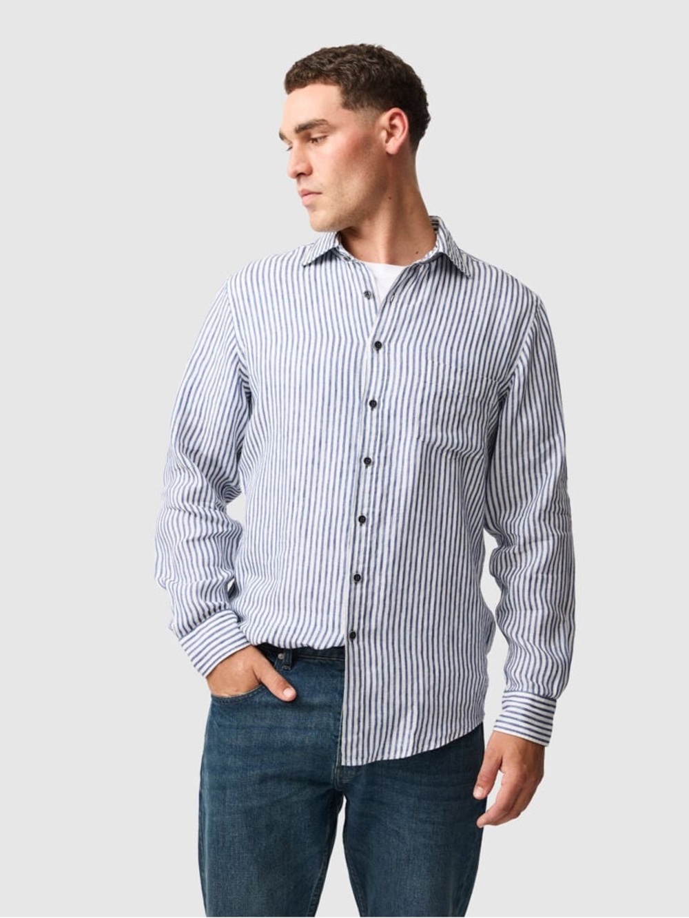 Rodd & Gunn Port Charles Stripe Linen Sports Fit Long Sleeve Shirt - Size L